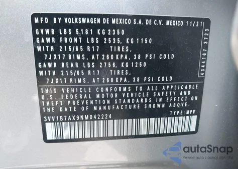 2022 Volkswagen Tiguan 2.0T S z USA, uszkodzony, nr VIN 3VV1B7AX9NM042224